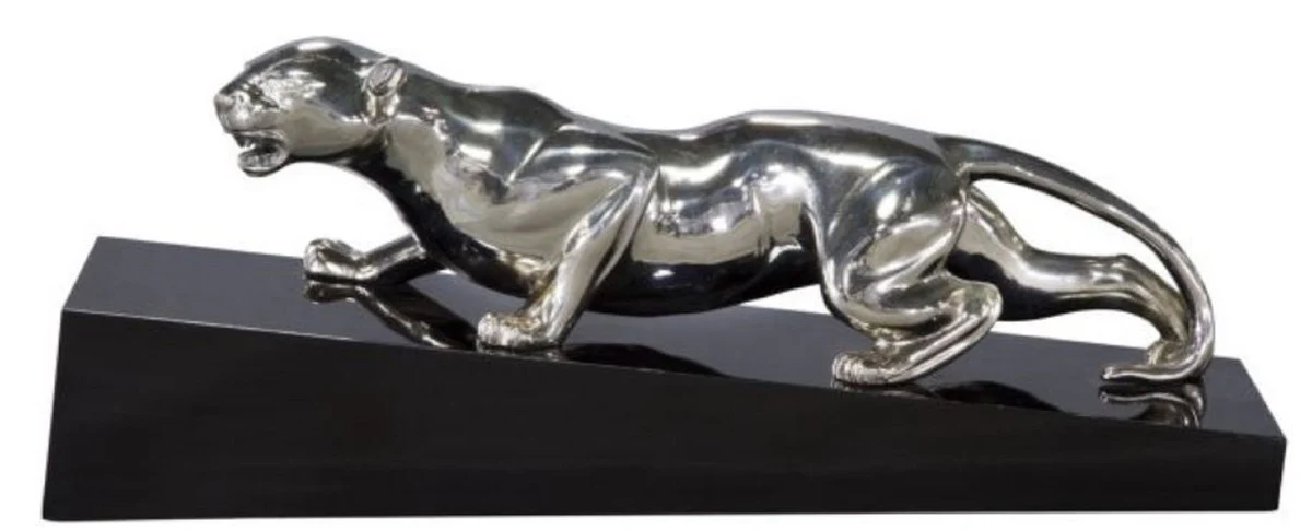 Casa Padrino figura de bronce de lujo puma plata / negro 60 x 17 x H. 20 cm - Elegante Deco Figura sobre Base de Madera
