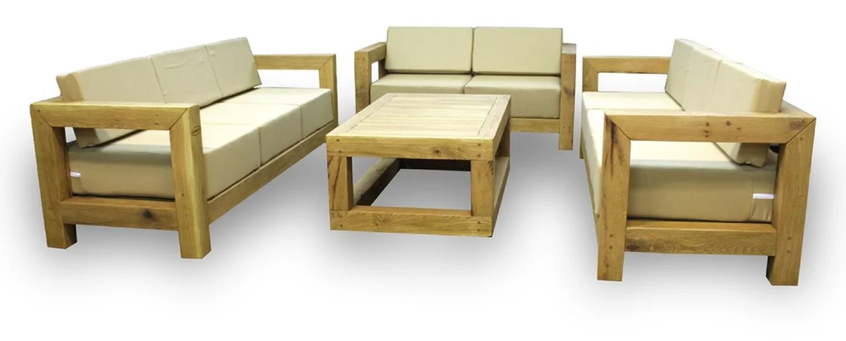Casa Padrino conjunto de muebles de jardín de madera maciza de lujo beige / natural - 3 Sofás y 1 Mesa de Centro - Muebles de jardín y patio modernos de madera de roble