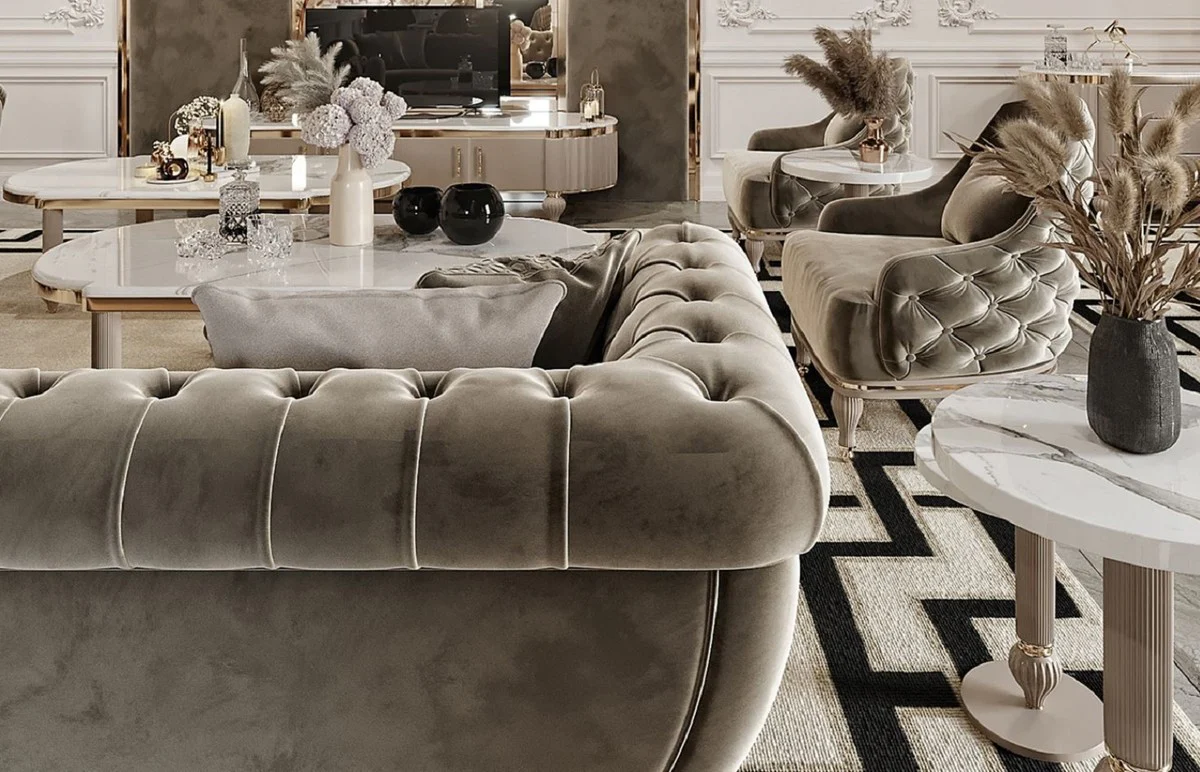 Casa Padrino Sof¨¢ Art Deco Chesterfield de Lujo Gris / Oro - Sof¨¢ de Sal¨®n Suntuoso - Muebles de Sal¨®n Art Deco