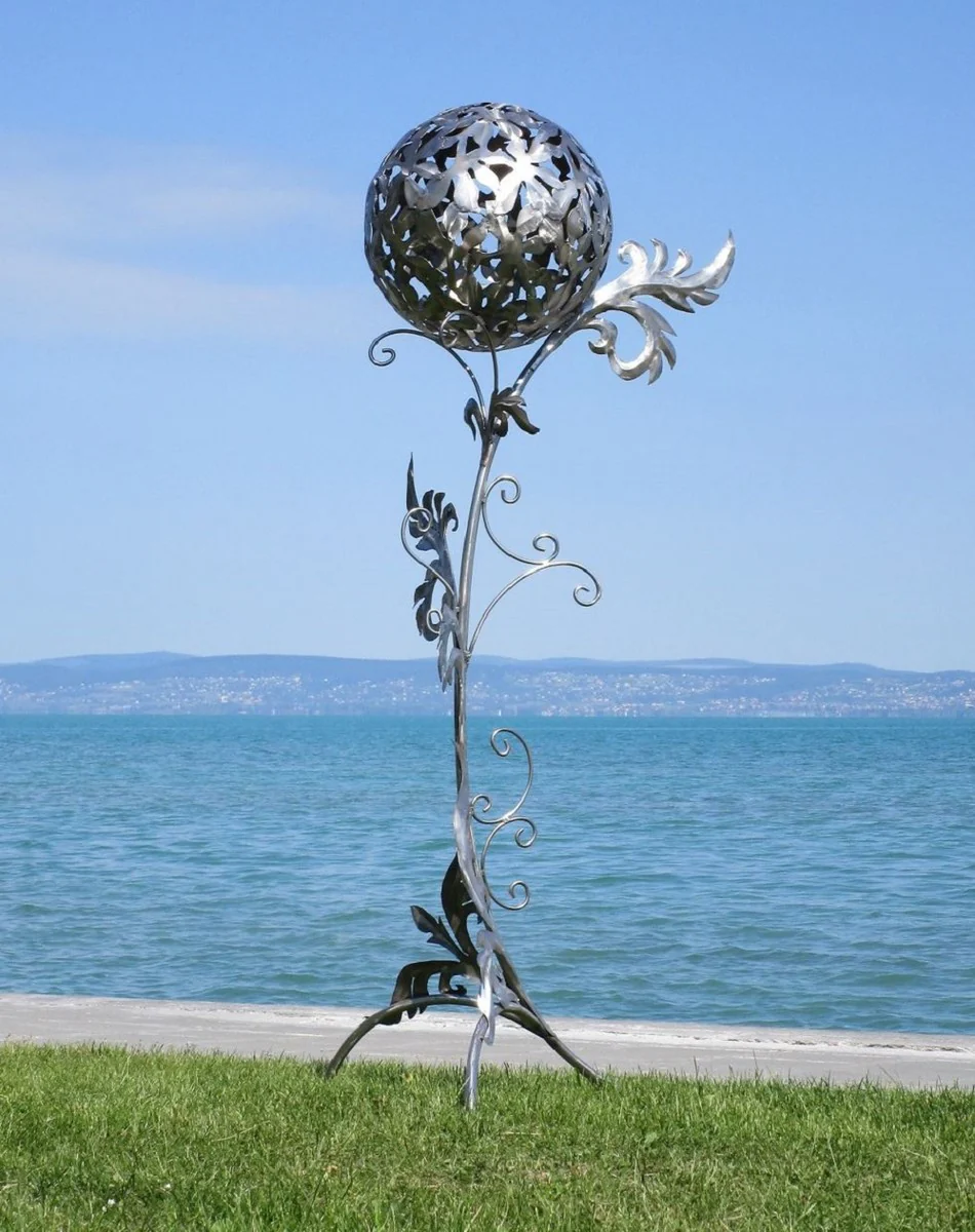 Casa Padrino escultura de jardín barroco de acero inoxidable columna con bola plata 85 x 82 x A. 200 cm - Decoración de jardín hecha a mano resistente a la intemperie