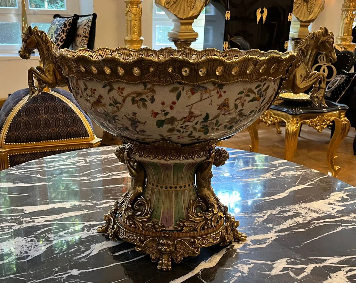 Casa Padrino cuenco de porcelana Art Nouveau multicolor / latón 63 x 38 x A. 41 cm - Magnífico cuenco de porcelana - Accesorios Decorativos Barrocos y Art Nouveau