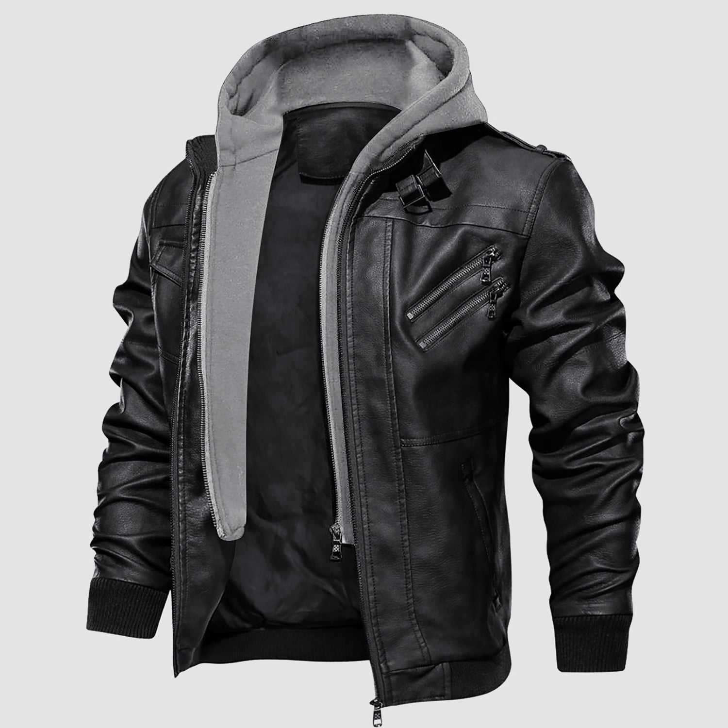 Men's Stand Collar PU Faux Leather Jacket 6 Pockets Motorcycle Bomber Fall Winter Jacket with a Removable Hood