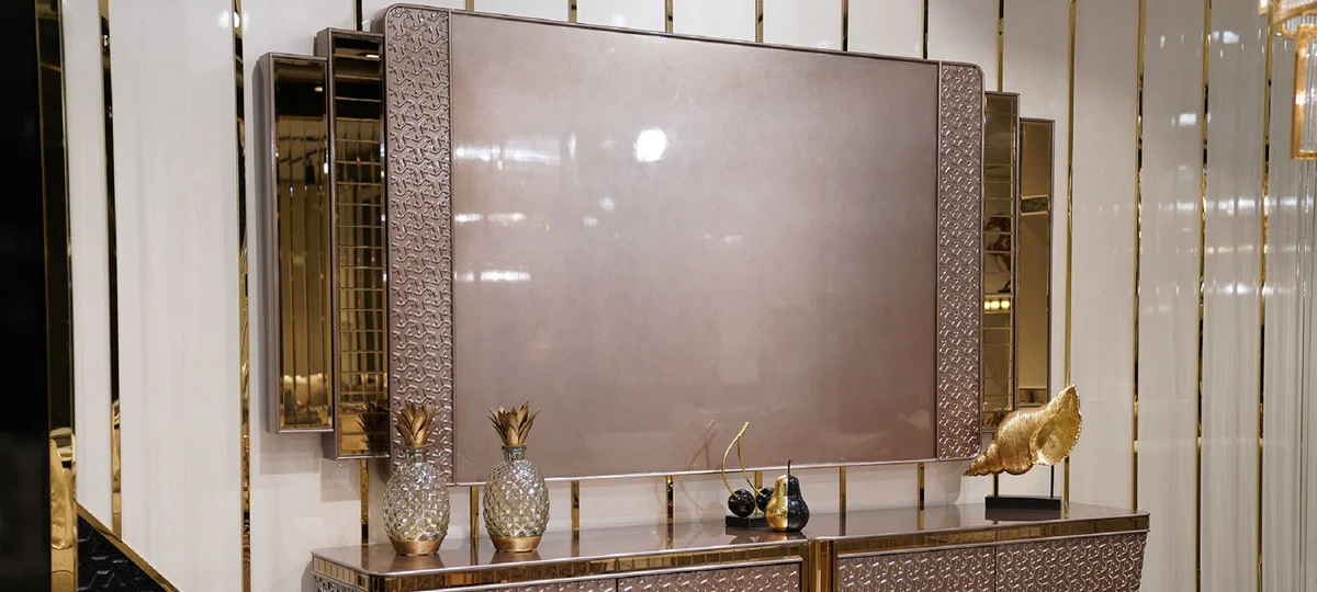 Casa Padrino conjunto de TV de lujo gris / oro - Aparador de sal¨®n de madera maciza con pared trasera para TV - Muebles de lujo - Muebles de sal¨®n