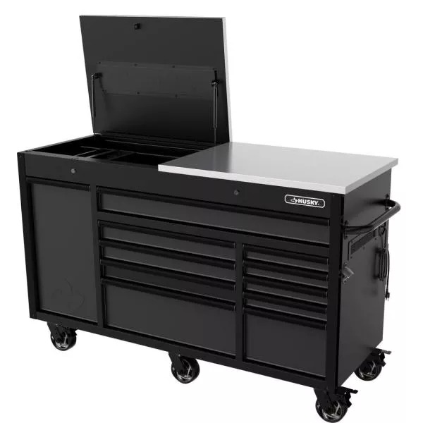 HEAVY-DUTY 63 IN. W 11-DRAWER, DEEP TOOL CHEST MOBILE WORKBENCH IN MATTE BLACK WITH FLIP-TOP STAINLESS STEEL TOP