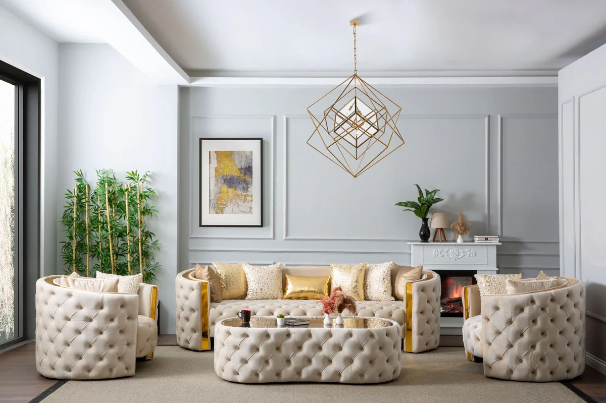 Casa Padrino sill¨®n Chesterfield de lujo crema / oro 120 x 100 x A. 75 cm - Sill¨®n de sal¨®n Chesterfield - Muebles de sal¨®n - Muebles Chesterfield - Muebles de lujo - Interiores de lujo