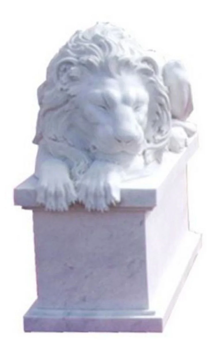 Casa Padrino escultura de mármol Art Nouveau de lujo león mira a la izquierda blanco 150 cm - Figura decorativa de jardín y terraza resistente a la intemperie con base - Decoración de jardín y terraza