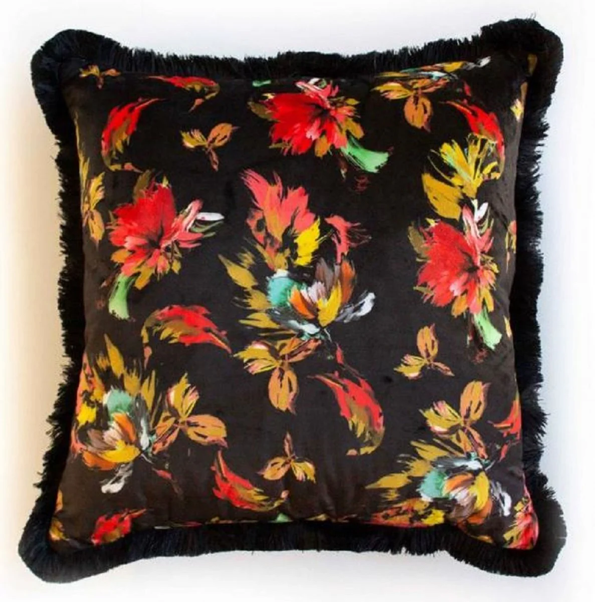 Casa Padrino almohada decorativa de lujo diseño hojas de otoño negro / multicolor 45 x 45 cm - Almohada de terciopelo estampada con flecos - Accesorios Decorativos