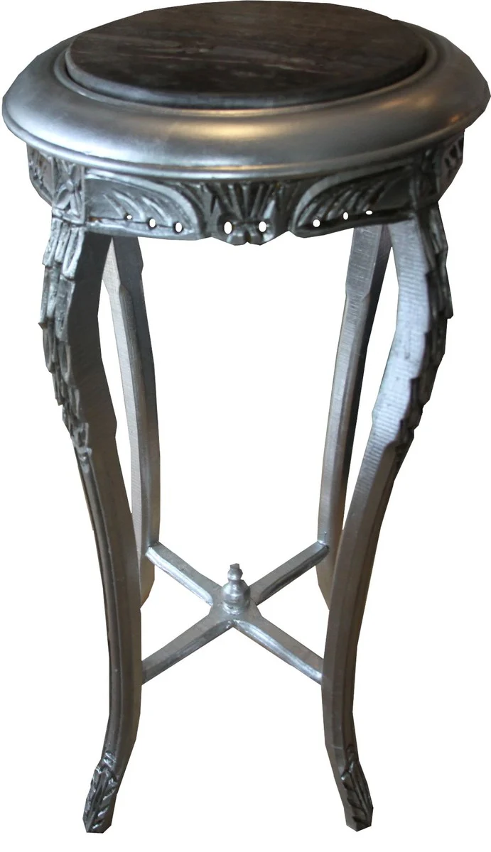 Mesita barroca Casa Padrino Redonda nero de platanero de plata con tapa de m¨¢rmol 42 cm x H. 92 cm estilo antiguo