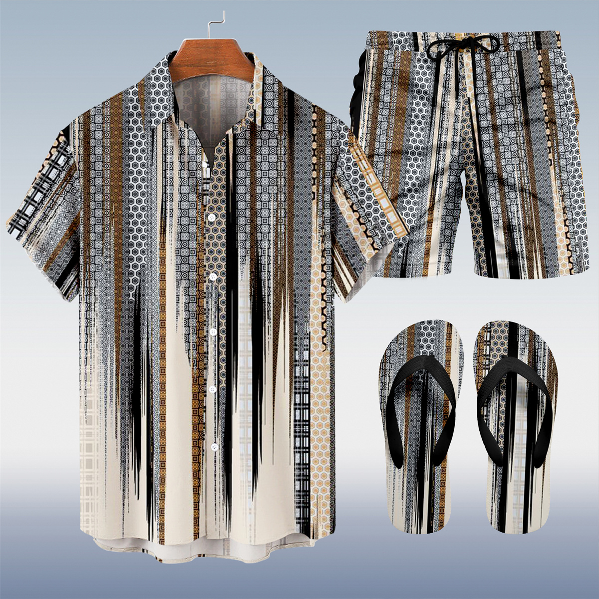 Suitmens Men's Tiki Party Hawaiian Vacation Print Three-Piece Set 016