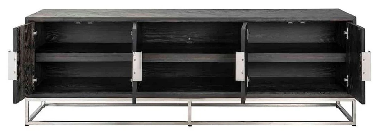 Casa Padrino gabinete de TV de lujo negro / plata 185 x 42,5 x A. 60 cm - Aparador de madera maciza con 4 puertas - Muebles de salón - Muebles de hotel - Colección de Lujo
