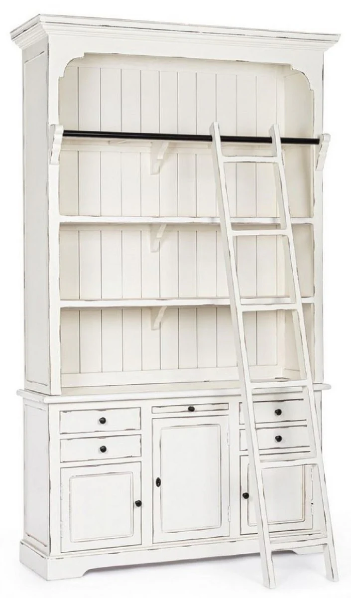 Casa Padrino armario de estilo campestre con escalera blanco antiguo 143,5 x 40,6 x A. 233,7 cm - Armario de libros - Armario de Sala de Estar - Armario de Oficina - Muebles de Estilo Campestre