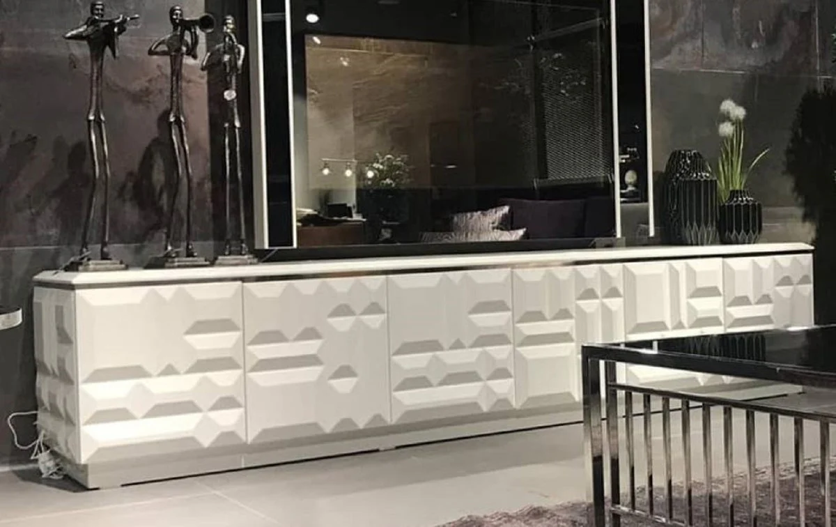 Casa Padrino gabinete de TV de lujo blanco / plata 270 x 45 x A. 45 cm - Aparador de madera maciza noble con 6 puertas - Muebles de Lujo - Calidad de Lujo