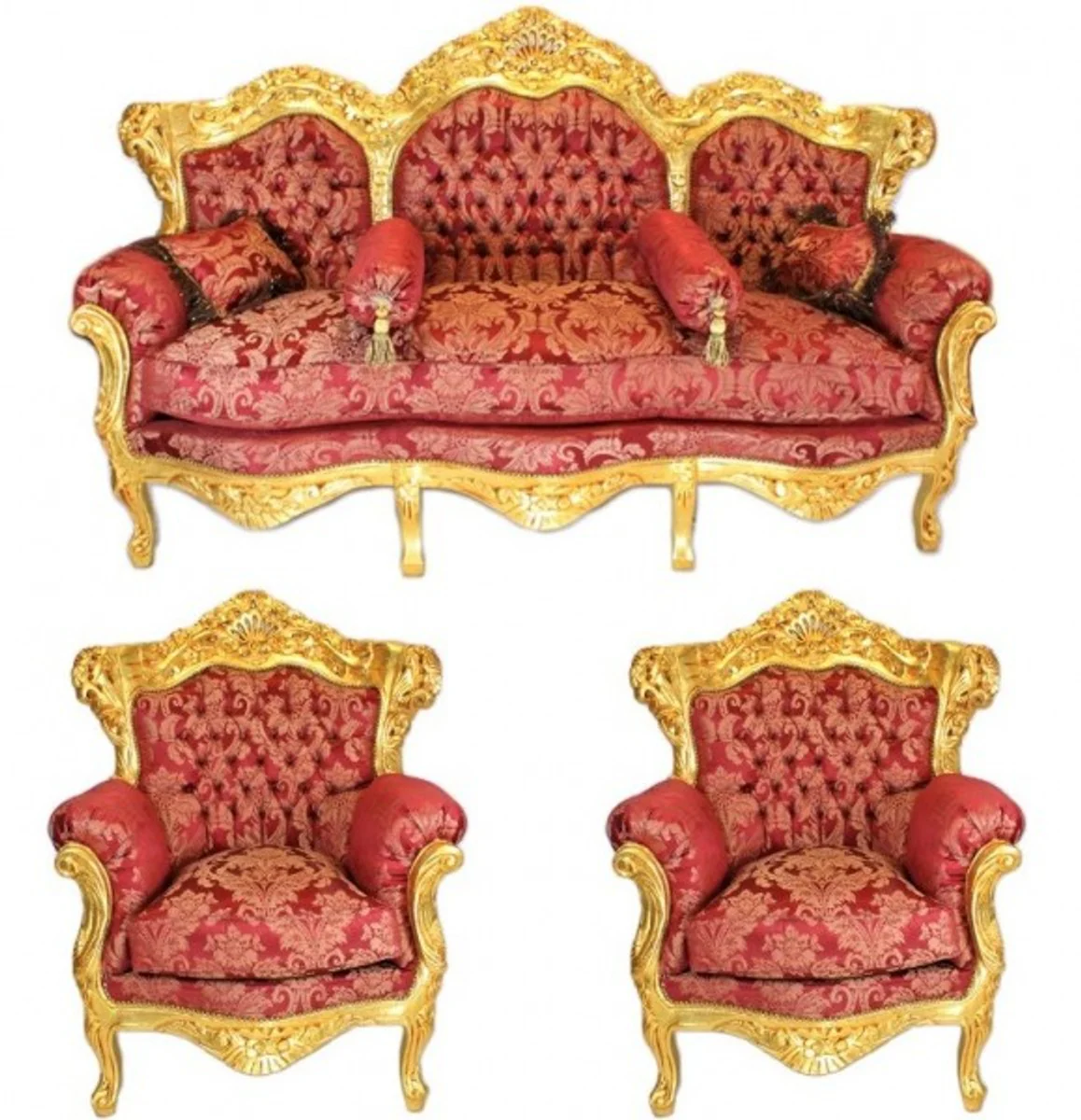 Casa Padrino Baroque Living Set Bordeaux Bouquet pattern / Gold - 3er sofa + 2 armchairs