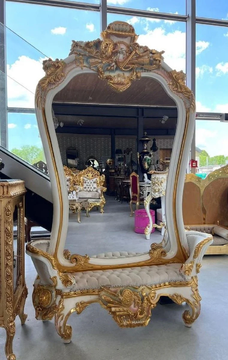 Casa Padrino espejo barroco con banco blanco / gris / multicolor / oro - Magn¨ªfica consola de espejo barroco - Muebles de armario estilo barroco - Muebles barrocos