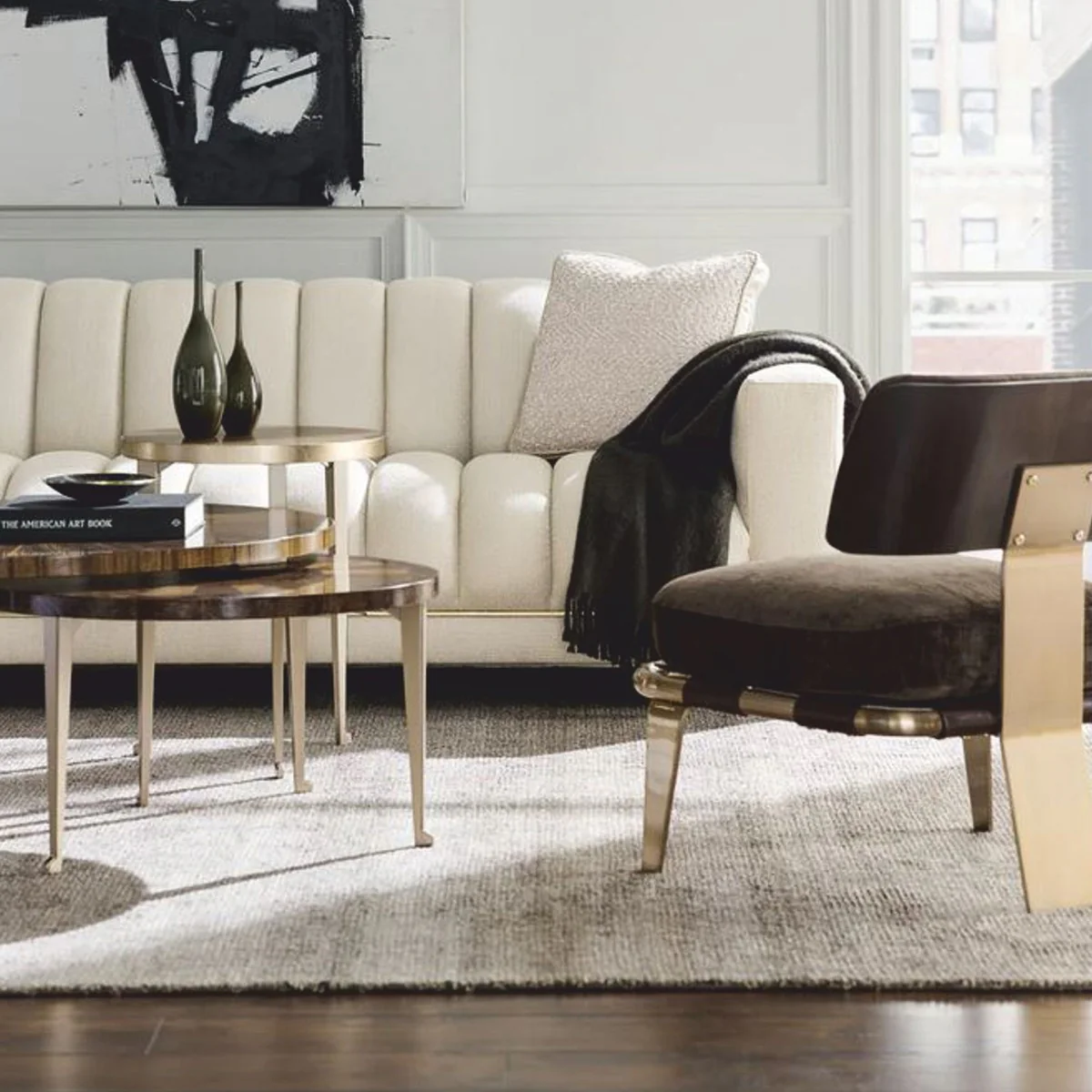 Casa Padrino Mesa de Centro de Lujo Marr¨®n / Oro ? 96 cm - Mesa de Sal¨®n Redonda