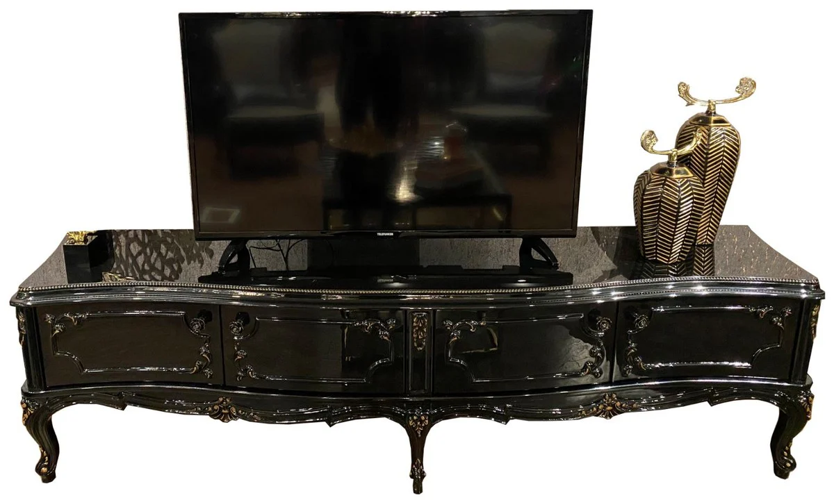 Casa Padrino gabinete TV barroco de lujo negro / oro antiguo 222 x 50 x A. 62 cm - Mueble de televisión noble con 4 puertas y tapa de vidrio - Muebles de sala de alta calidad en estilo barroco