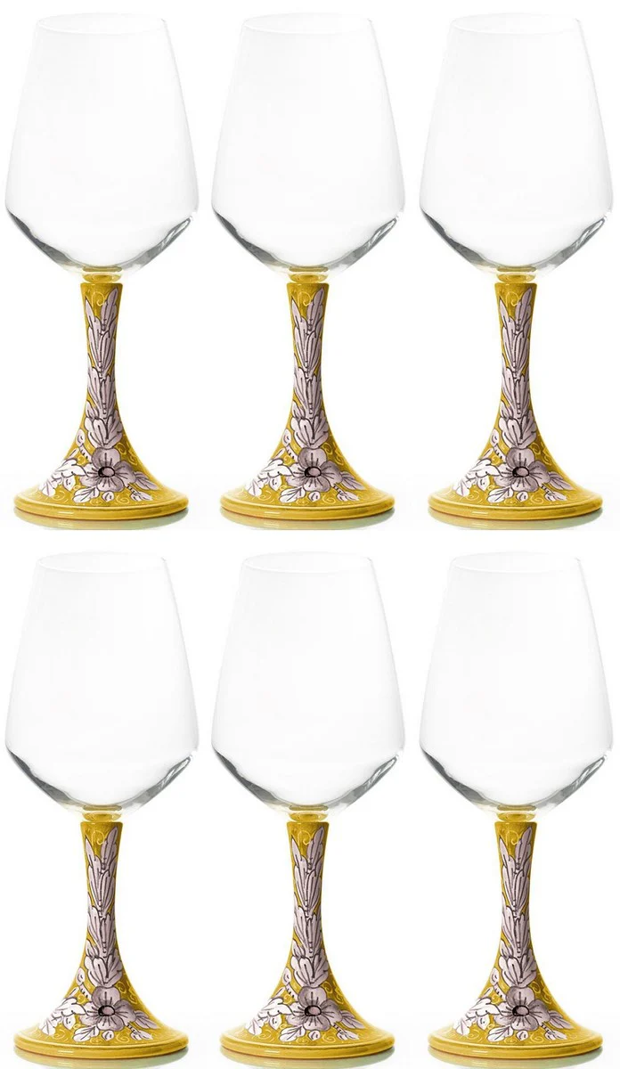 Casa Padrino conjunto de 6 copas de vino de cer¨¢mica de lujo amarillo / multicolor A. 23,5 cm - Copas de vino hechas y pintadas a mano - Accesorios hoteles y restaurantes - Hecho en Italia