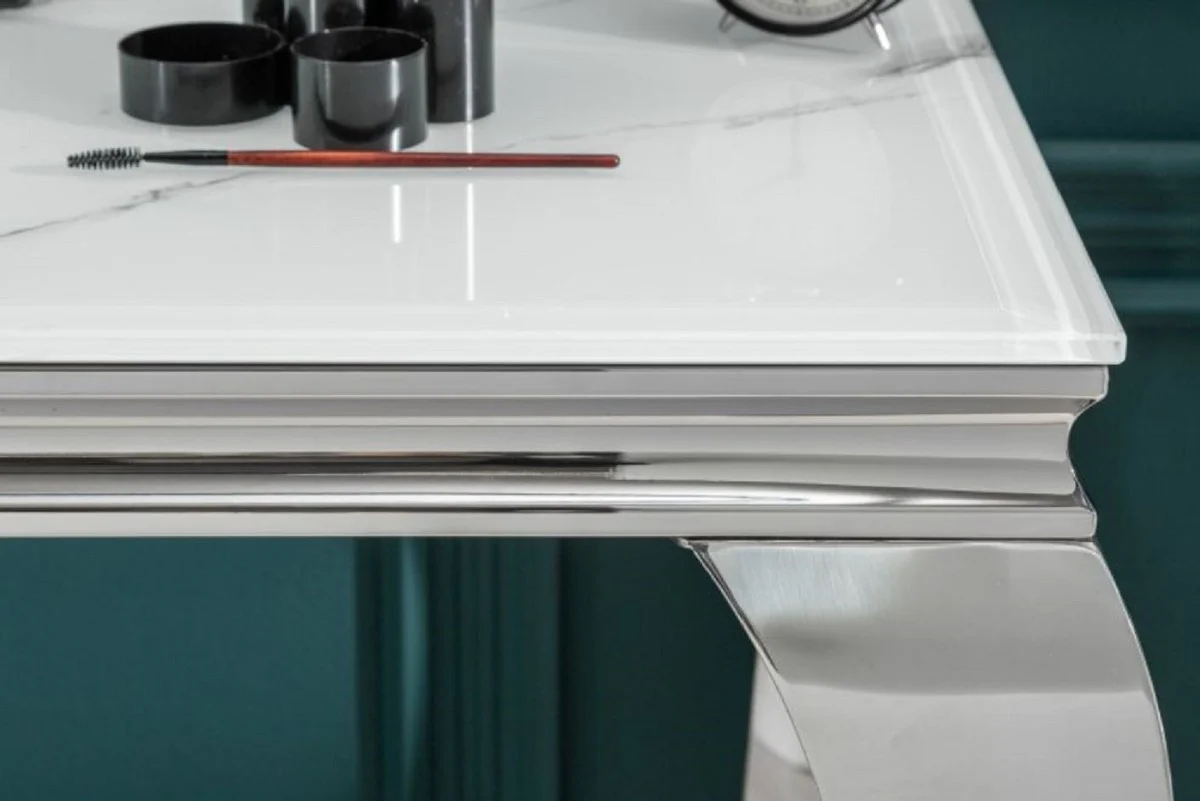 Casa Padrino consola de dise?o blanco / gris / plata 145 x 50 x A. 75 cm - Mesa consola rectangular de acero inoxidable con vidrio de seguridad impreso digitalmente en aspecto m¨¢rmol - Muebles barrocos modernos