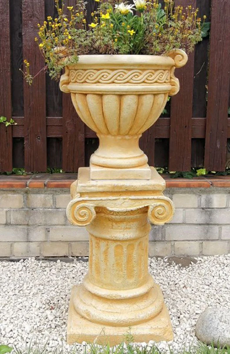Casa Padrino maceta barroco con columna beige Ø 48 x A. 99 cm - Magnífica macetero con columna de jardín en estilo barroco - Accesorios de decoración de jardín barroco