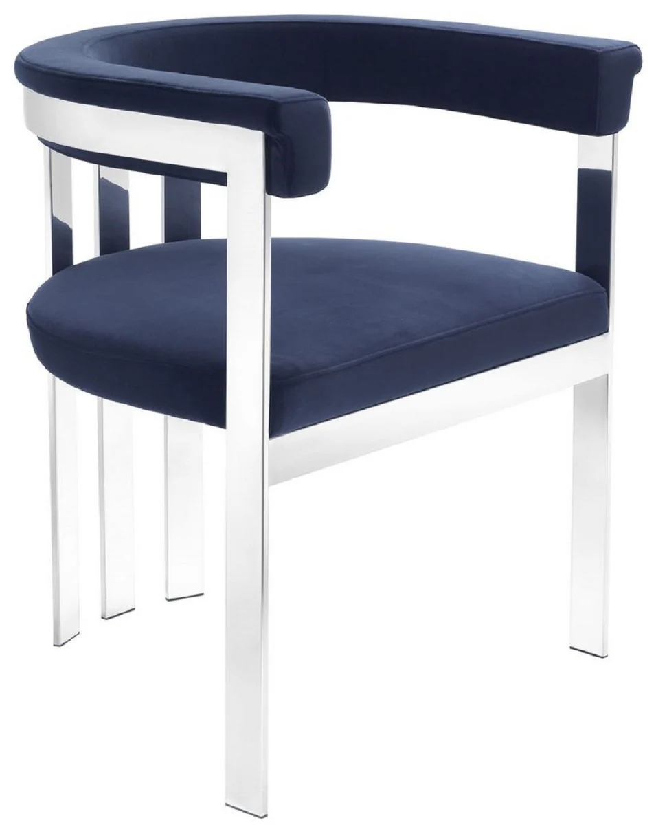 Casa Padrino silla de comedor de lujo con reposabrazos azul medianoche / plata 61 x 56 x H. 73 cm - Silla de Cocina de Acero Inoxidable con Tela de Terciopelo Fino - Muebles de Cocina de Lujo