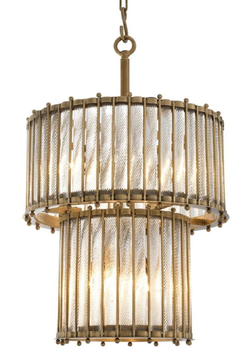 Casa Padrino lámpara colgante de lujo latón antiguo Ø 52,5 x H. 83 cm - Lámpara Colgante Redonda de Latón con Vidrio Hecho a Mano