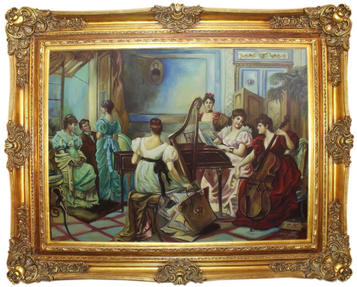 Casa Padrino pintura al óleo barroco Damas haciendo Musica multicolor / oro 160 x 10 x A. 130 cm - Pintura pintada a mano con marco magnífico en estilo barroco - Accesorios de Decoración Barroco