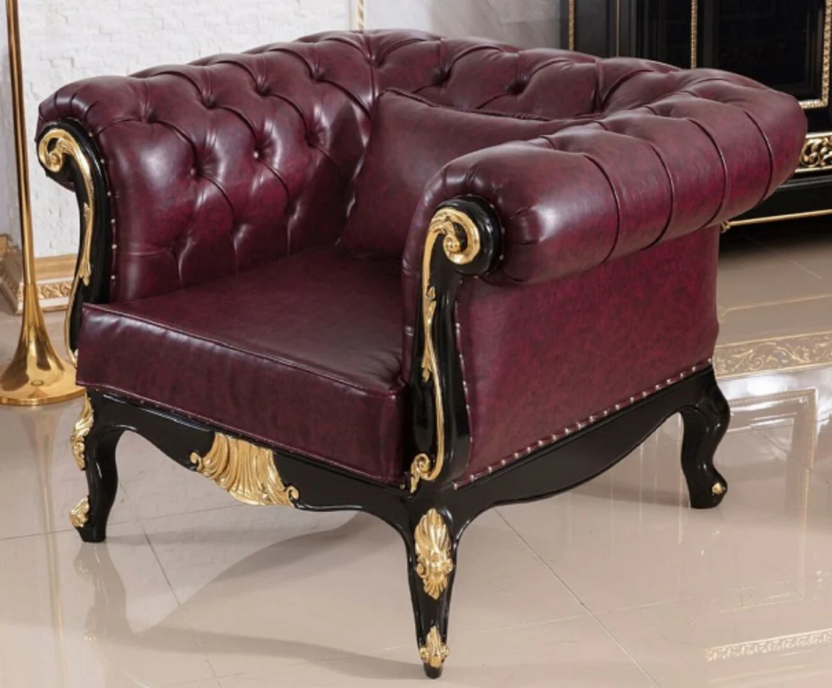Casa Padrino sill¨®n de cuero Chesterfield barroco de lujo rojo burdeos / negro / oro - Magn¨ªfico sill¨®n de sal¨®n de cuero genuino - Muebles de sal¨®n de lujo en estilo barroco - Muebles barroco