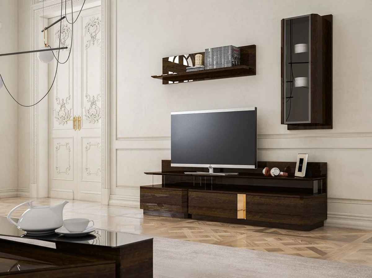 Casa Padrino conjunto de gabinete de TV para sala de estar de lujo marr¨®n / gris / oro - 1 Gabinete de TV y 1 Gabinete de Pared y 1 Estante de Pared - Conjunto de muebles - Calidad de Lujo