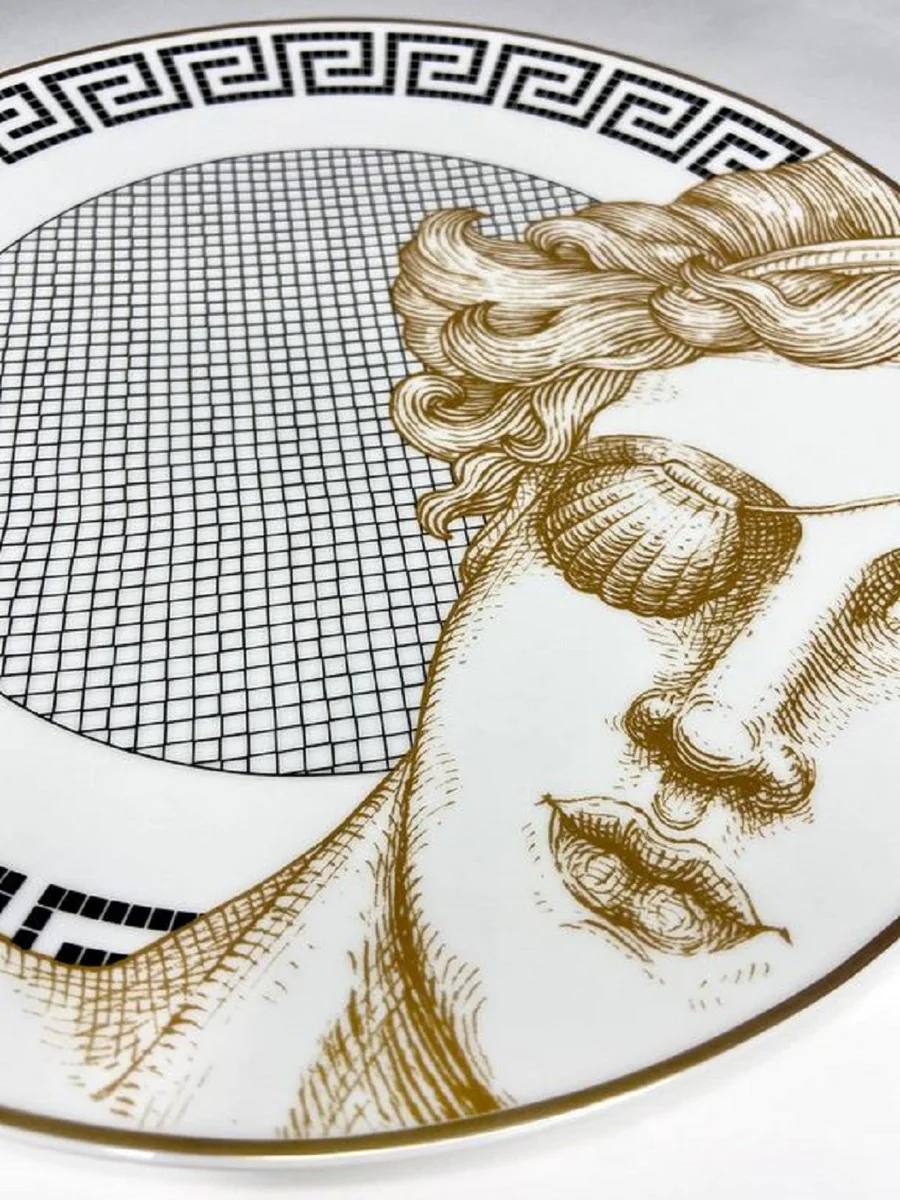 Casa Padrino plato de porcelana de lujo mujer con parche en el ojo blanco / negro / oro ? 29 cm - Plato llano de porcelana pintado a mano - Calidad de lujo - Hecho en Italia