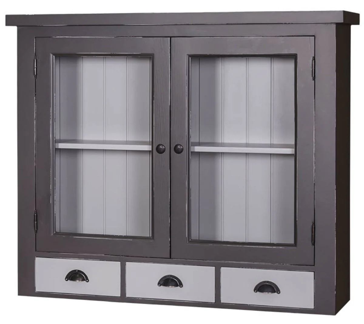 Casa Padrino estilo country mueble de cocina de pared gris antiguo / gris claro 192 x 31 x H. 65 cm - Mueble de Cocina de Estilo Country con 2 Puertas de Vidrio y 3 Cajones