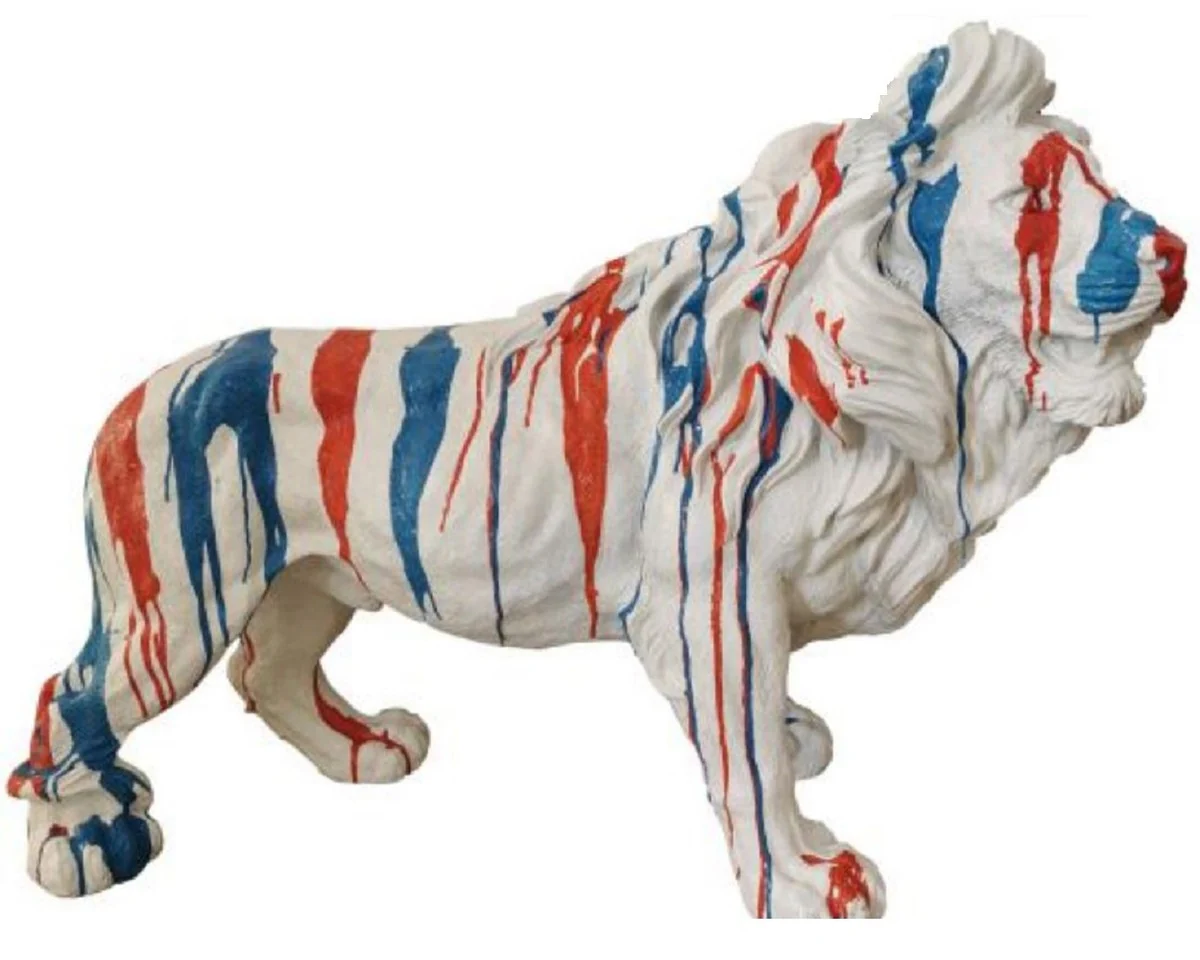 Casa Padrino escultura decorativa de lujo le¨®n blanco / azul / rojo 100 x A. 68 cm - Figura decorativa grande - Figura animal XXL - Escultura decorativa XXL - Esculturas y figuras decorativas XXL
