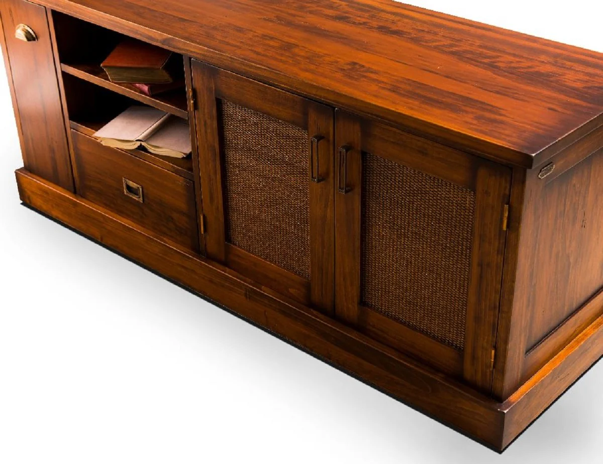 Casa Padrino armario de TV Lujo de estilo vintage marrón / latón 161 x 52 x A. 66 cm - Aparador estilo vintage con 2 puertas y 2 cajones - Mueble de salón de estilo vintage - Muebles de lujo