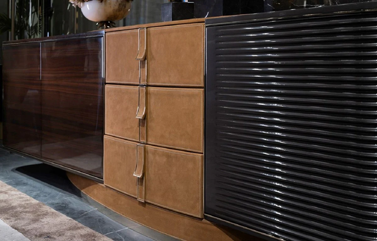 Casa Padrino aparador de lujo marr¨®n claro / marr¨®n oscuro / gris / oro 249 x 52,5 x A. 76 cm - Armario de madera maciza con 3 puertas y 3 cajones - Muebles de lujo - Muebles de hotel