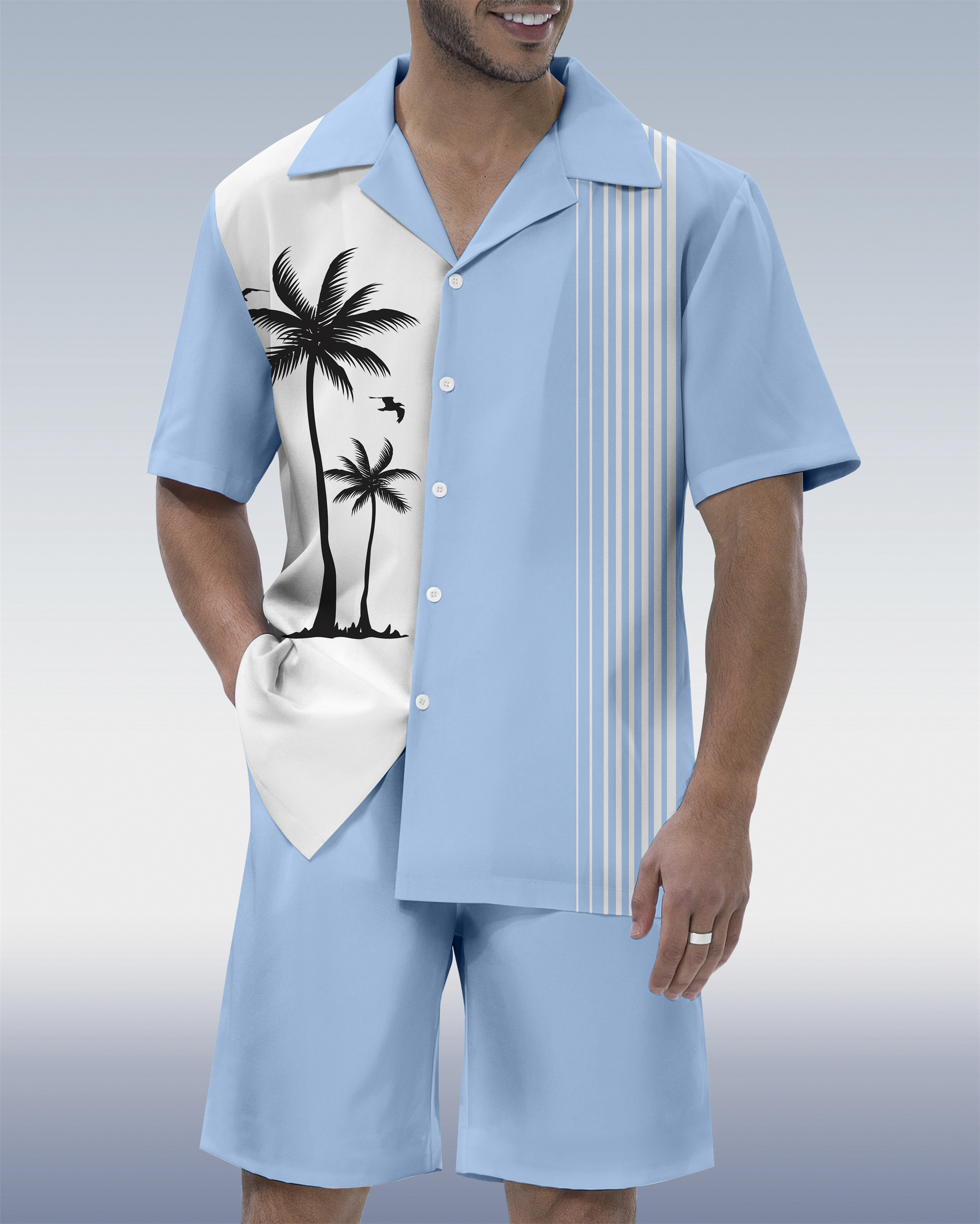 Men's Hawaiian Tiki Party Print Cuban Collar Short Sleeve Shirt Set 03