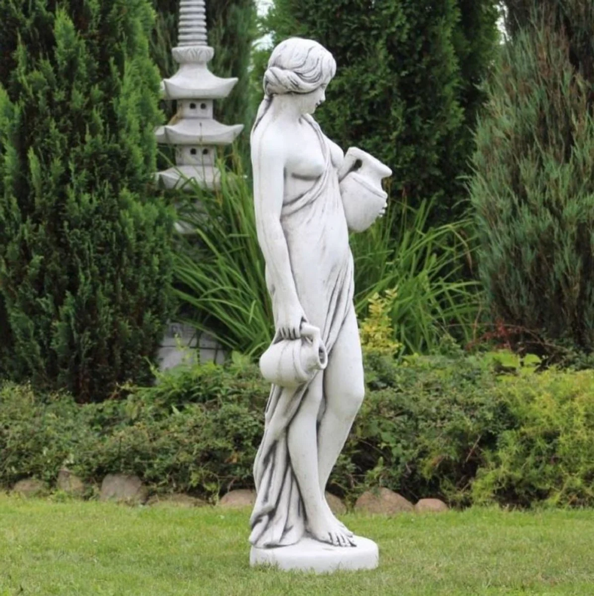 Casa Padrino escultura de g¨¢rgola Art Nouveau mujer con jarras gris A. 140 cm - Elegante figura de piedra de g¨¢rgola - Accesorios de Decoraci¨®n de Jard¨ªn Barroco y Art Nouveau