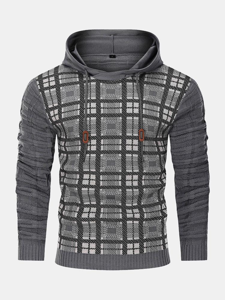 Slim Fit Knitted Plaid Paneled Hooded Sweater