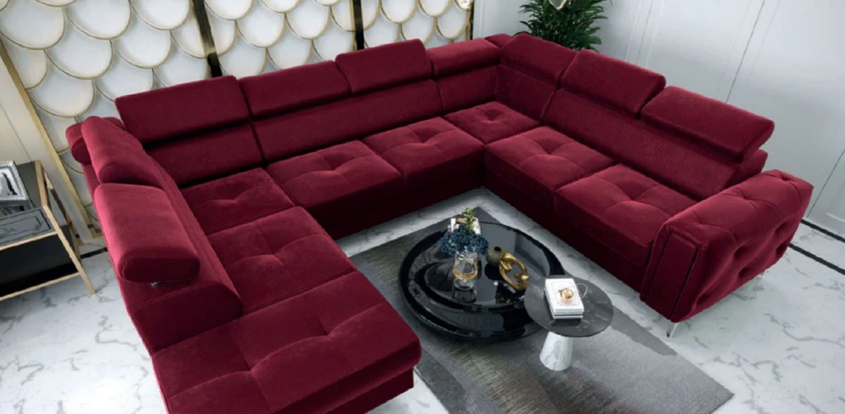 Casa Padrino paisaje residencial de terciopelo de lujo rojo burdeos / plata 350 x 255 x A. 78-99 cm - Sof¨¢ en forma de u con reposacabezas ajustables - Muebles de sala - Muebles de lujo
