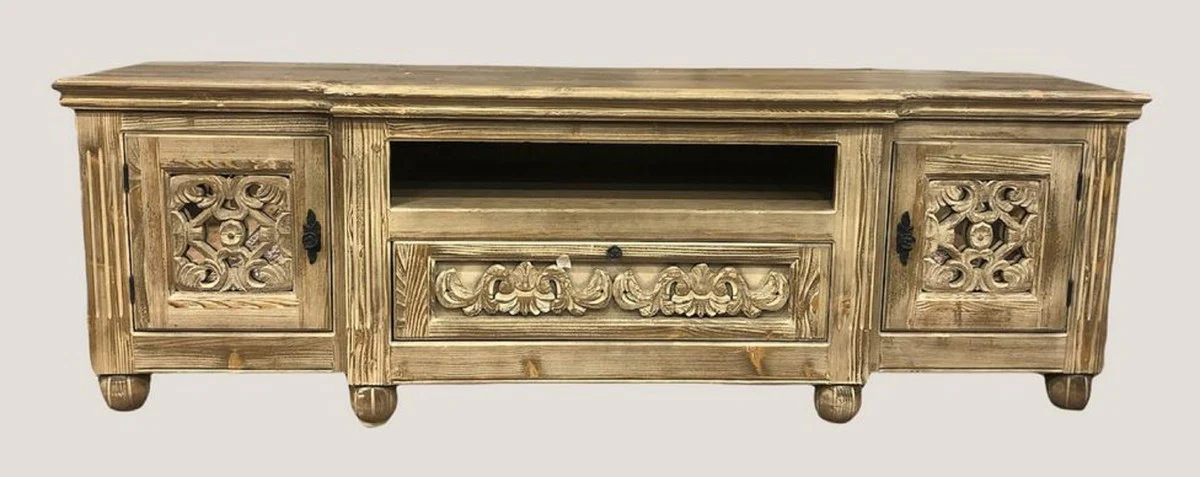 Casa Padrino gabinete de TV de estilo campestre de lujo natural - Aparador de salón de madera maciza hecho a mano con 2 puertas y cajón - Muebles de salón de estilo campestre de lujo