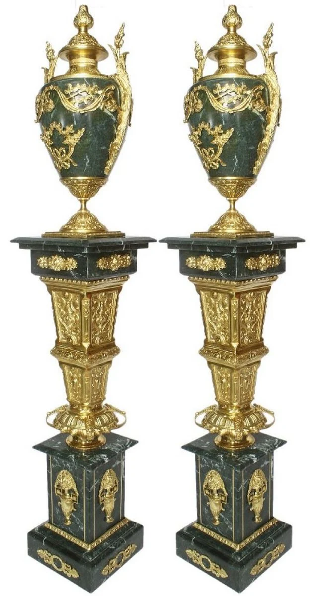 Casa Padrino conjunto de jarrones de porcelana decorativa barroco con pilares de mármol verde / oro 30 x 30 x A. 180 cm - Noble y Magnífica