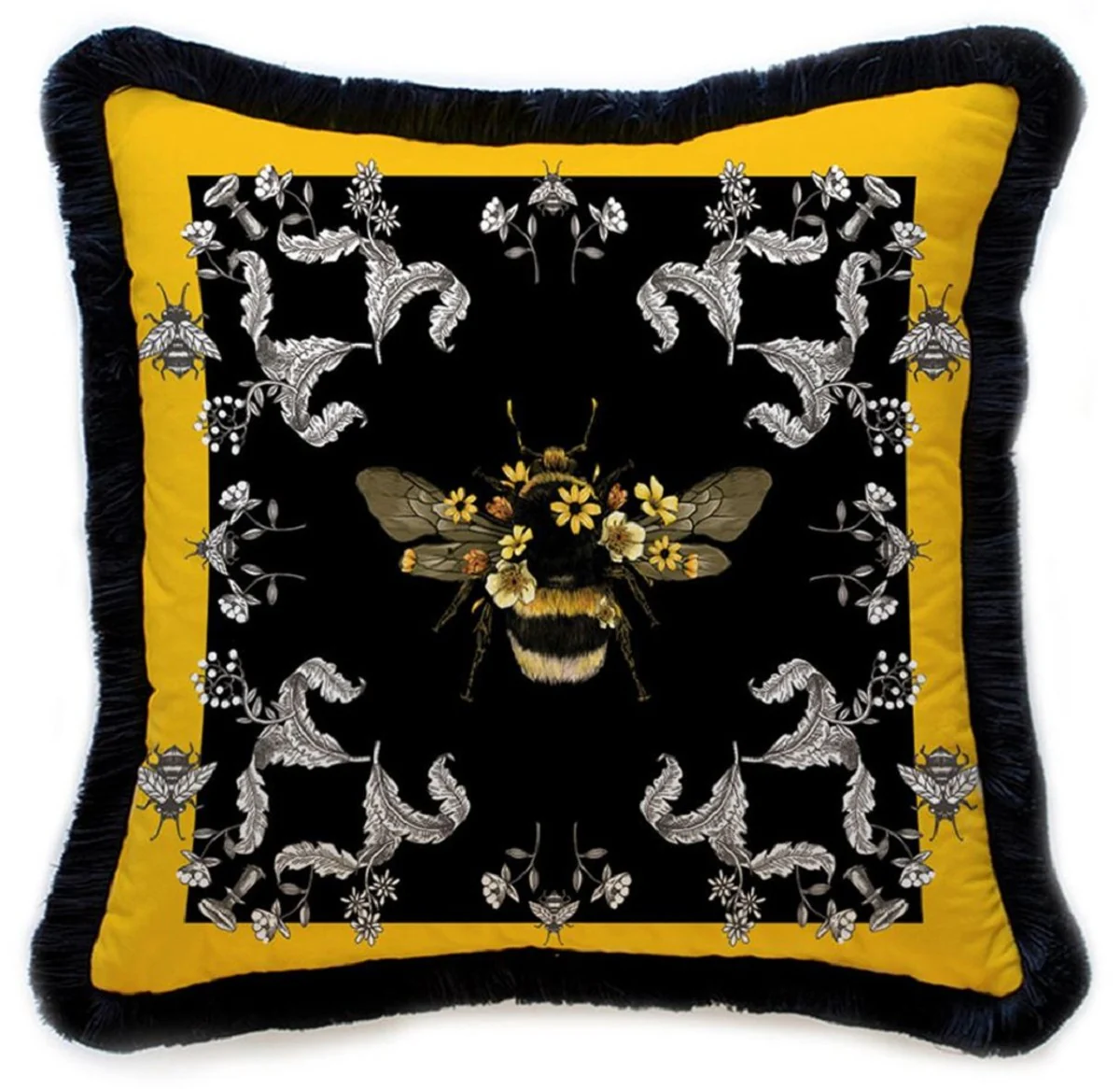 Casa Padrino cojín decorativa de lujo abejorro y flores multicolor / negro 45 x 45 cm - Almohada de terciopelo estampado con flecos - Accesorios decorativos de lujo