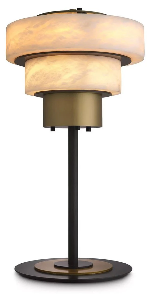 Casa Padrino lámpara de mesa de lujo latón antiguo / alabastro Ø 35 x A. 66,5 cm - Lámpara de escritorio redonda de metal con pantallas de alabastro - Colección de Lujo