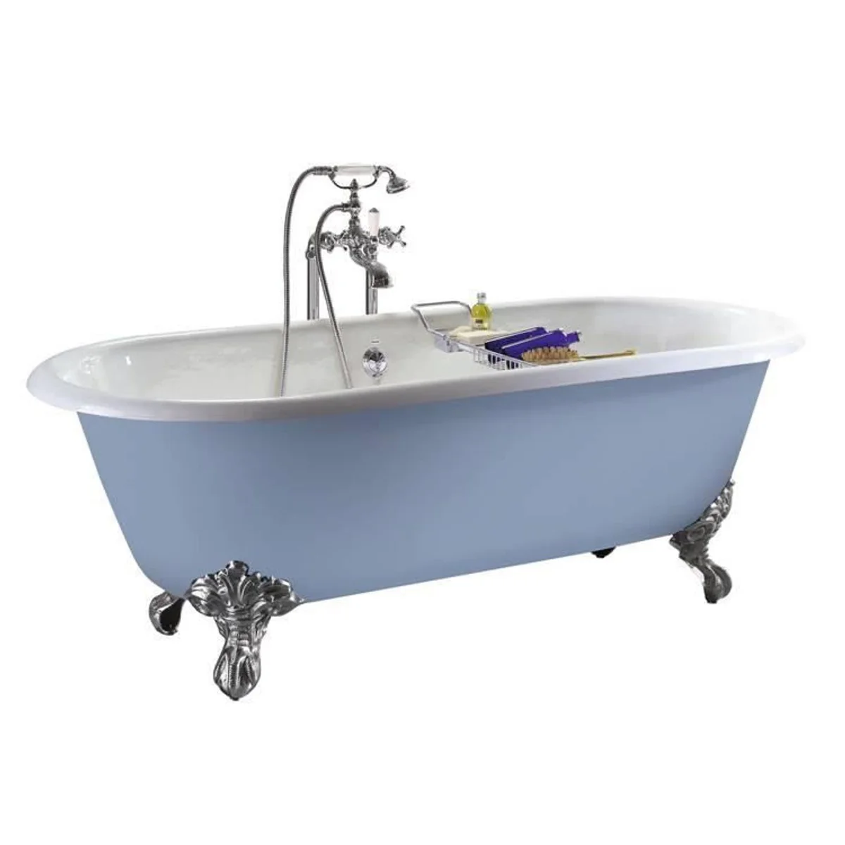Casa Padrino Bañera de lujo de hierro fundido Azul Claro / Blanco 154 cm - Bañera independiente curvada - Muebles de baño barrocos y Art Nouveau