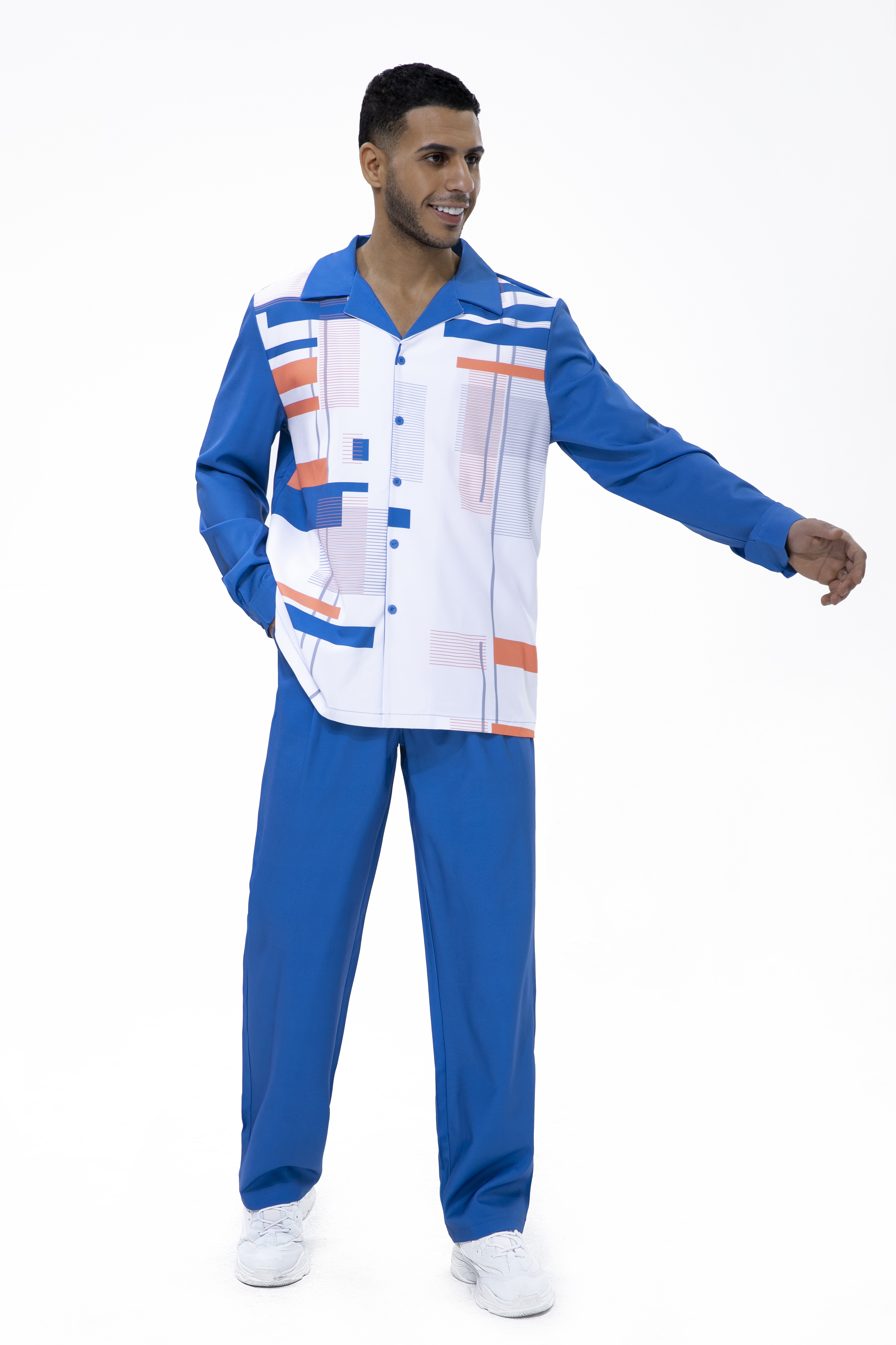 Suitmens Navy Geometric Print Walking Suit 2 Piece Long Sleeve Set