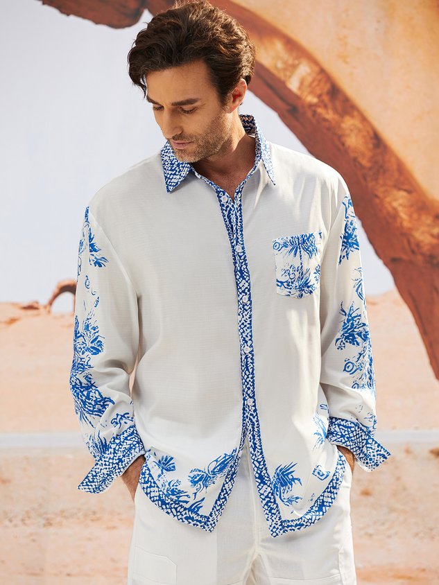 Floral Contrast Chest Pocket Long Sleeve Shirt