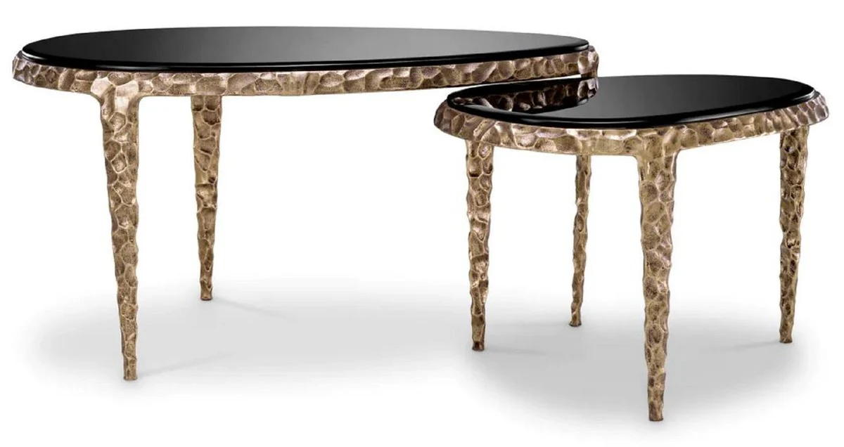 Casa Padrino conjunto de mesa auxiliar de lujo lat¨®n vintage / negro - 2 Mesas de aluminio con tapa de vidrio - Muebles de sal¨®n - Muebles de hotel - Muebles de lujo - Interiores de lujo