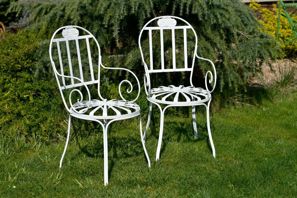 Casa Padrino silla de jard¨ªn Art Nouveau blanco 47 x 47 x A. 94 cm - Silla de forja hecho a mano con reposabrazos - Muebles de hierro forjado de jard¨ªn y terraza nost¨¢lgicos