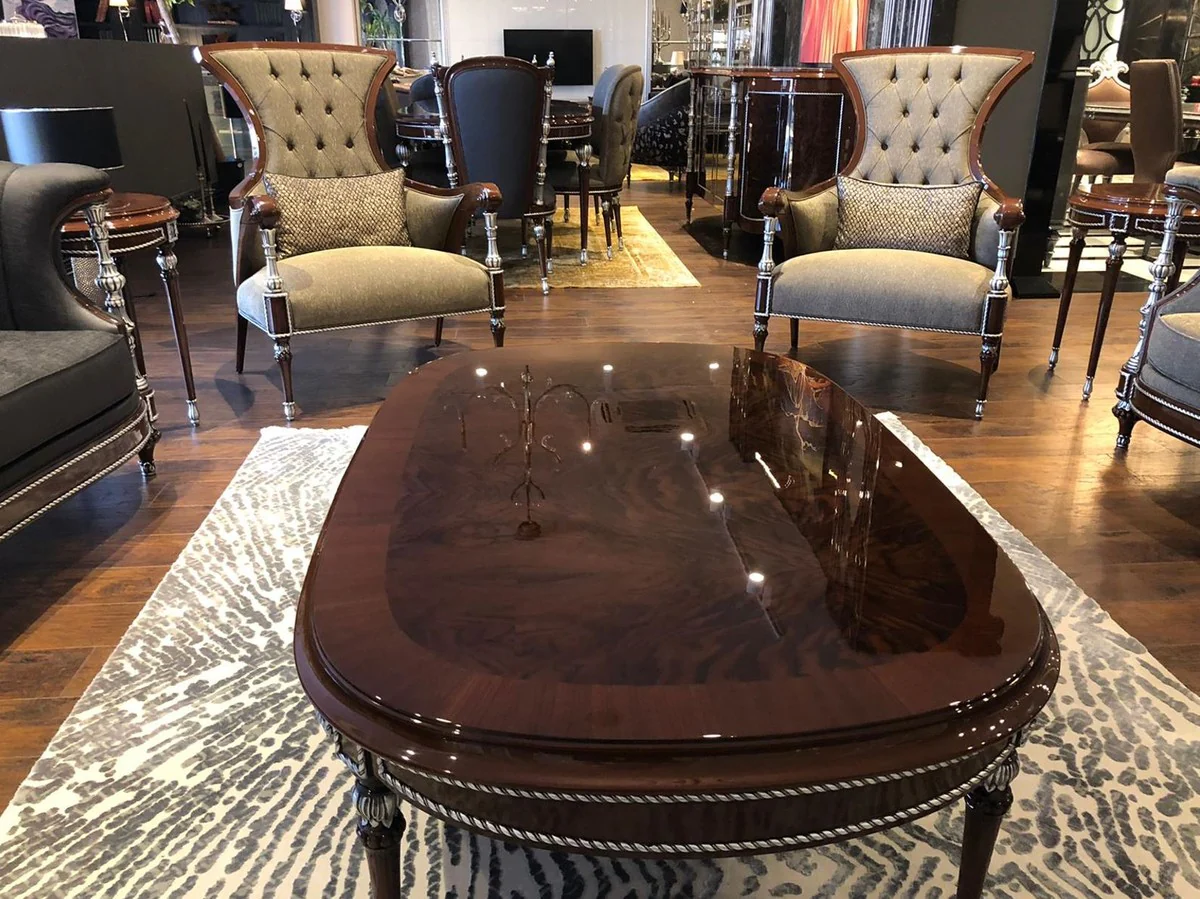 Casa Padrino mesa de centro barroco de lujo marr¨®n / plata 144 x 92 x A. 45 cm - Mesa de sal¨®n ovalada de madera maciza - Muebles de sal¨®n barrocos nobles