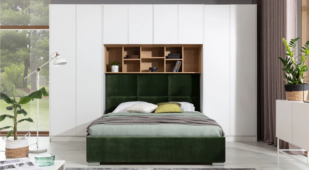 Casa Padrino conjunto de muebles de dormitorio de lujo blanco mate / natural / verde / plata - Cama Doble con Armario de Dormitorio - Muebles de hotel - Muebles de dormitorio - Muebles de lujo