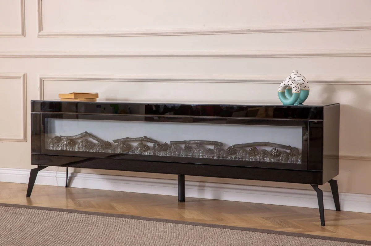 Casa Padrino gabinete de TV de lujo con chimenea eléctrica LED y mando a distancia negro 180 cm