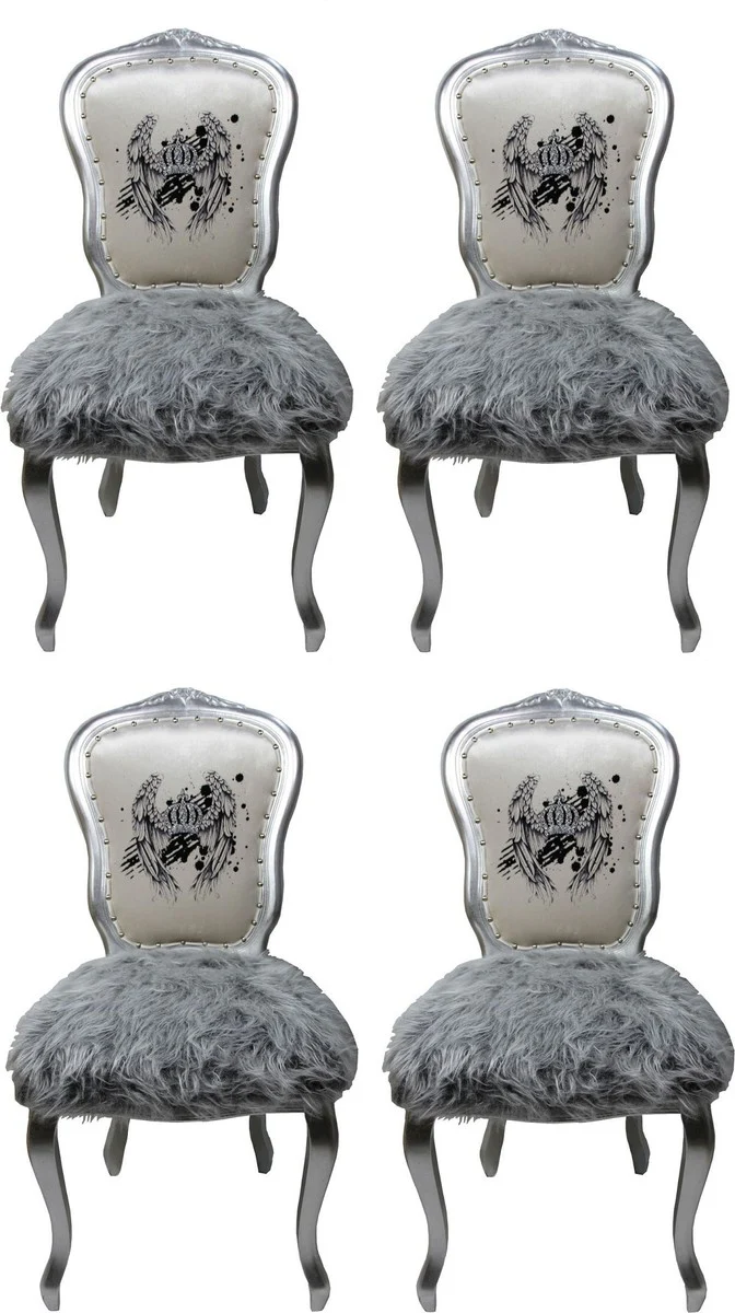 Pomp??s by Casa Padrino Sillas de comedor barroco de lujo corona blanco / gris / plata - Sillas de estilo barroco de Pomp??s dise?adas por Harald Gl??ckler - 4 sillas de comedor con piel sint¨¦tica